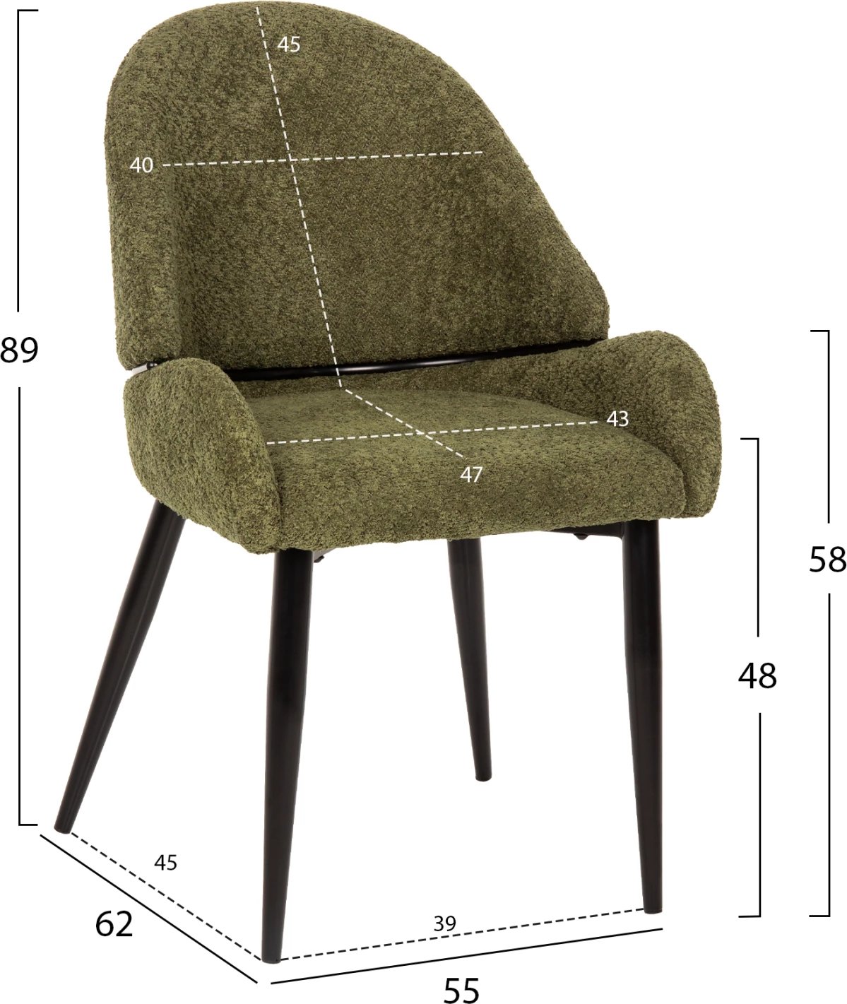 Karrige SARKY FH8585.03, pëlhurë boucle e gjelbër, këmbë metalike të zeza, 55x62x89H cm., set prej 2 copë