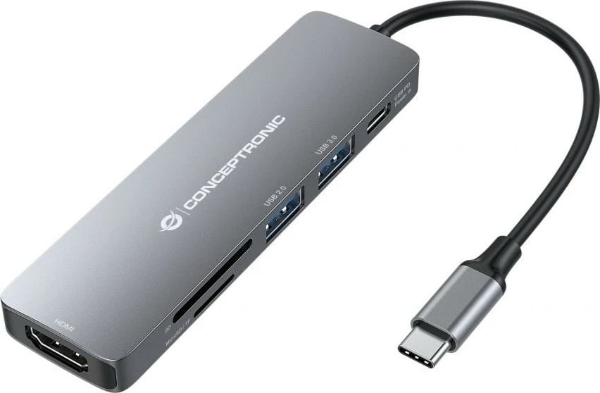 Dock USB-C Conceptronic 6-1, HDMI, 2xUSB-A, SD, TF/MicroSD, 15cm, gri