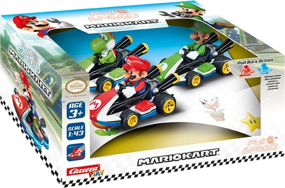 Set lodrash Mario Kart Carrera 15813010, 3 makina pull-back, shumëngjyrëshe