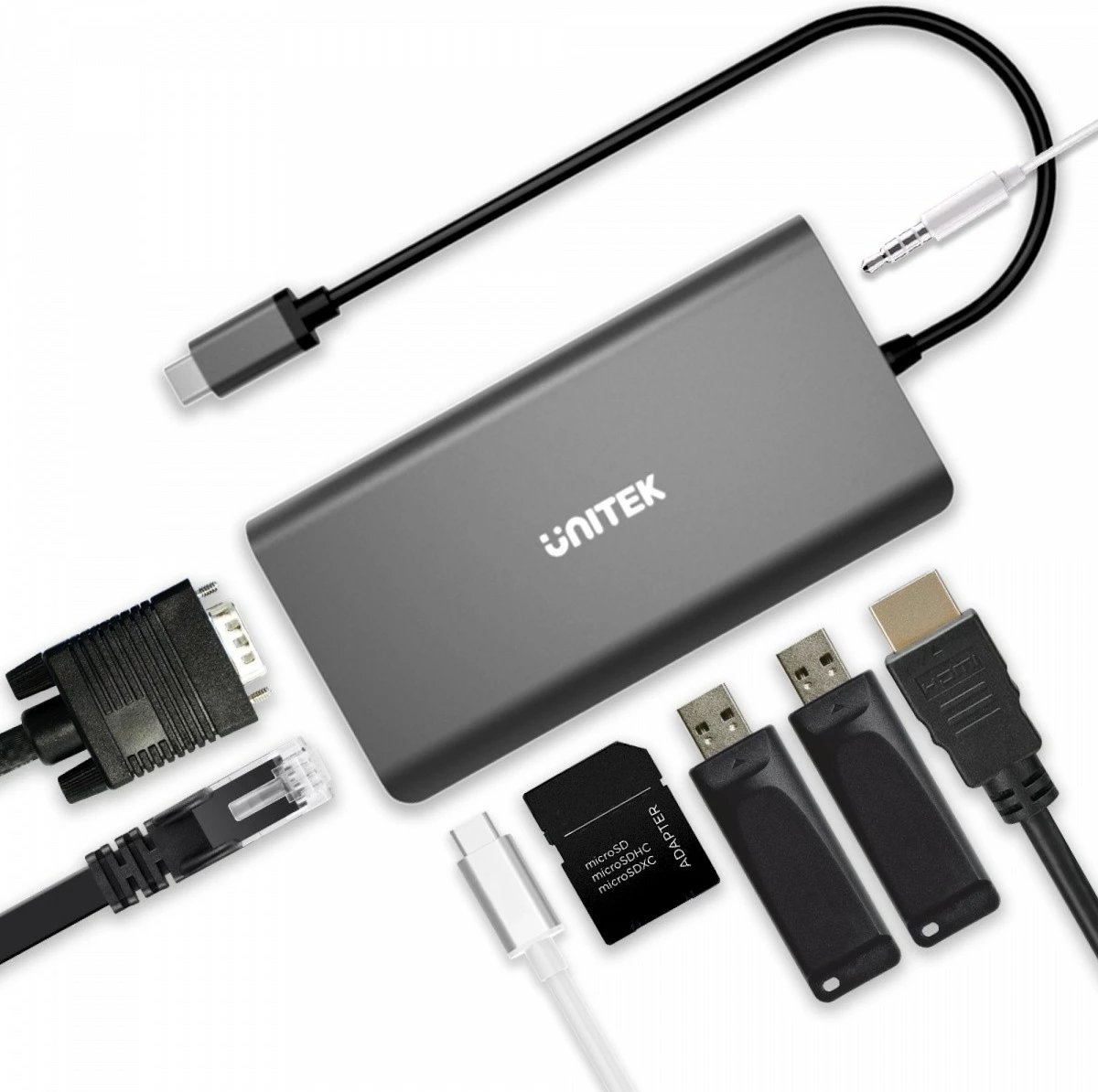 HUB USB-C 8-në-1 Unitek D1019B, HDMI, VGA, RJ45, SD, PD 100W, Gri