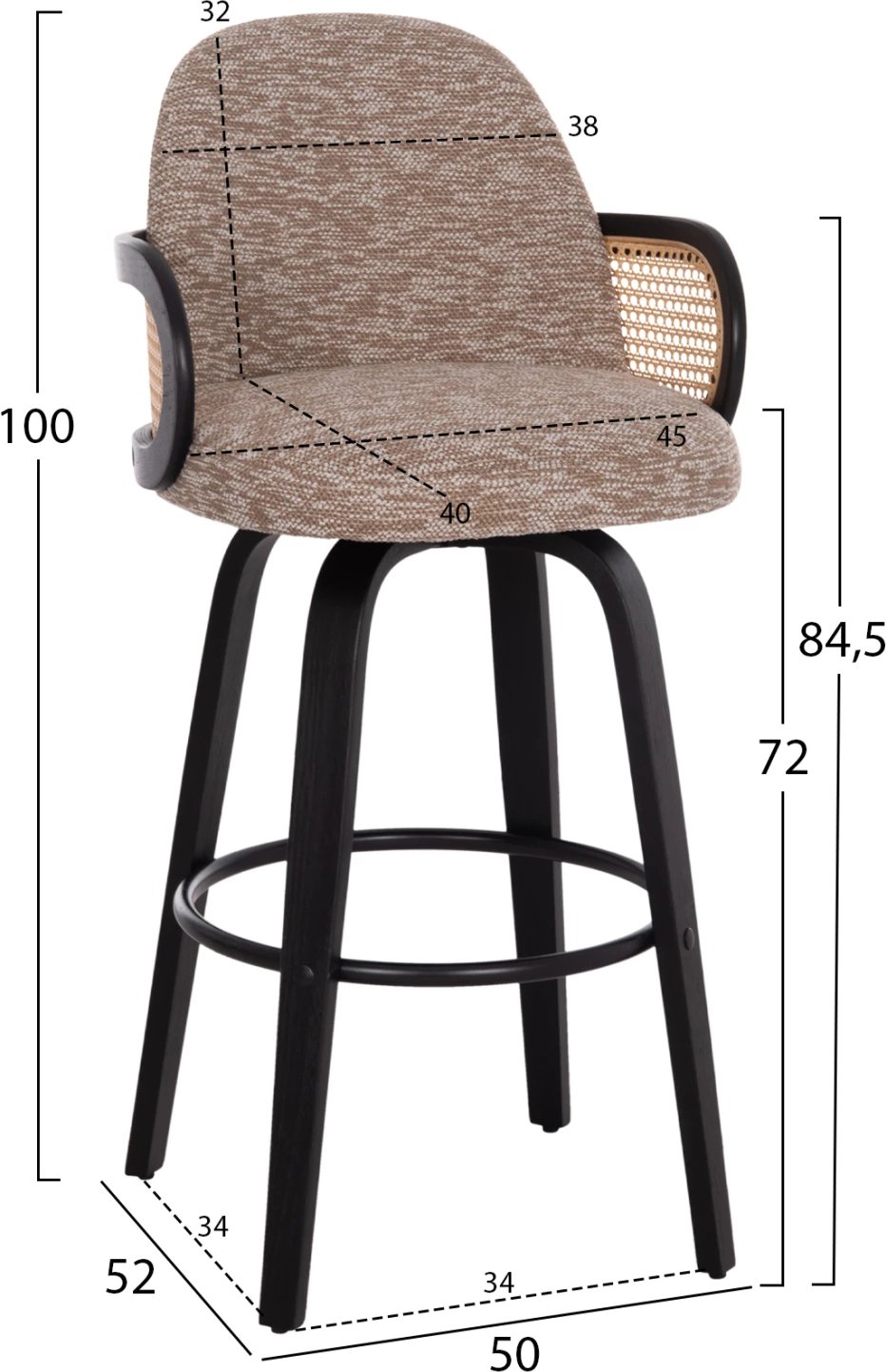 Karrige për bar rrotulluese BECKER, dru i zi, stof kafe, set 2 copë, FH18251.03, 50x52x100cm