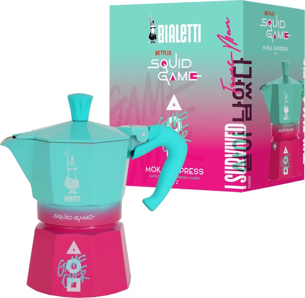 Makinë kafeje Bialetti Moka Express Squid Game 3 filxhana, kaltër/rozë