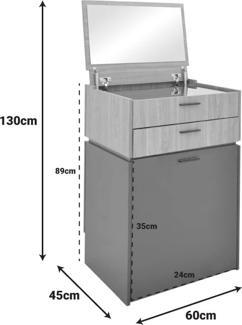 Tavolinë grimi Sonlen, ngjyrë gri e errët-dru arre i çelët, me pasqyrë dhe stol, 60x45x122cm