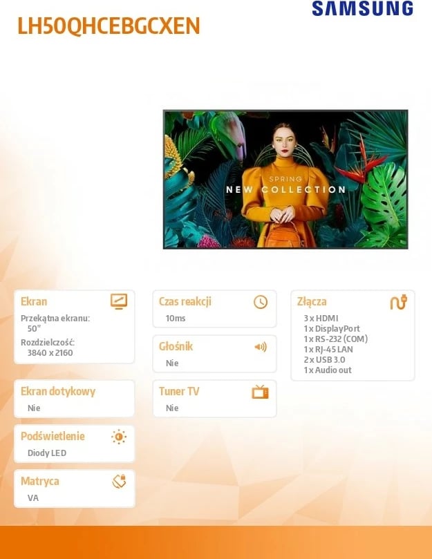 Monitor profesional Samsung LH50QHCEBGCXEN, 50", UHD, WiFi/BT, i zi
