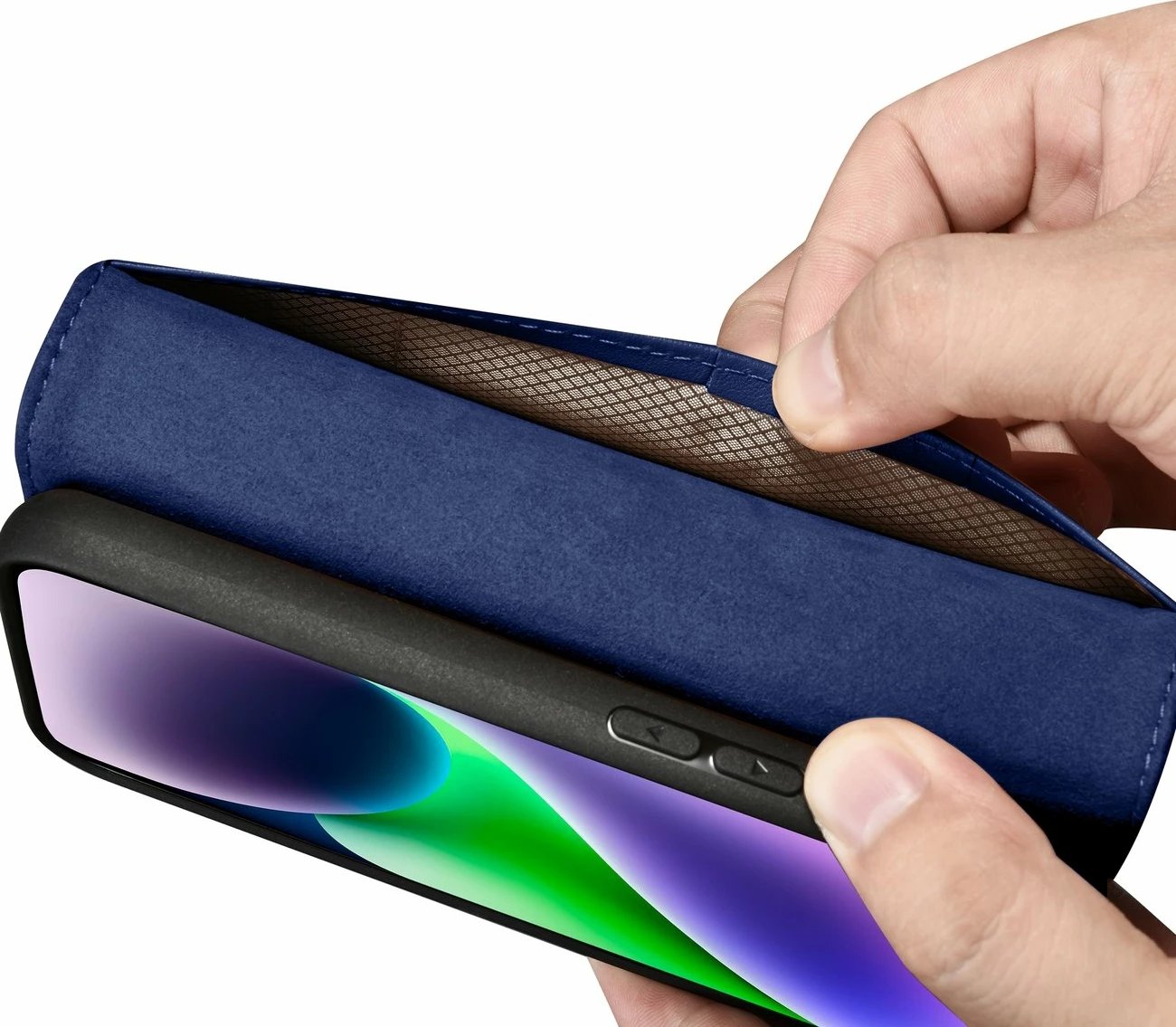 Mbështjellës iCarer Wallet Case 2in1 për iPhone 14, lëkurë natyrale, Anti-RFID, Blu