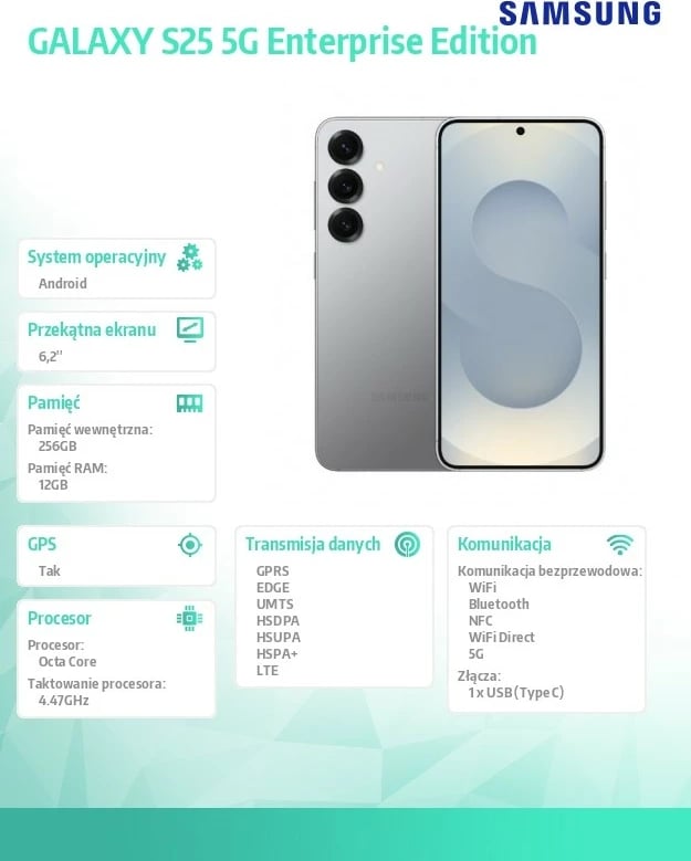 Celular Samsung Galaxy S25 5G, 12/256GB, Enterprise Edition, Argjendtë