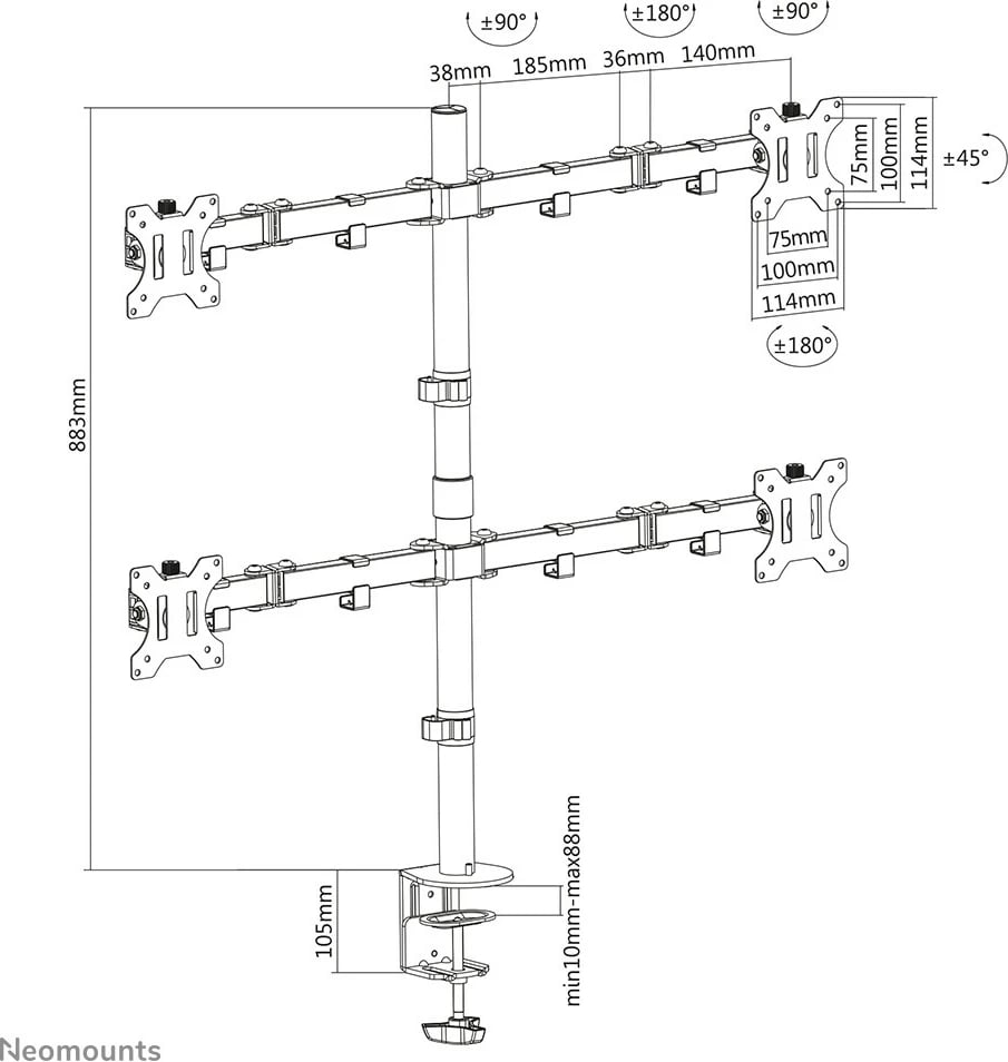 Krah monitori Neomounts FPMA-D550D4BLACK, Clamp/Bolt-through, 6 kg, 33 cm (13"), 81.3 cm (32"), 100 x 100 mm, e zezë