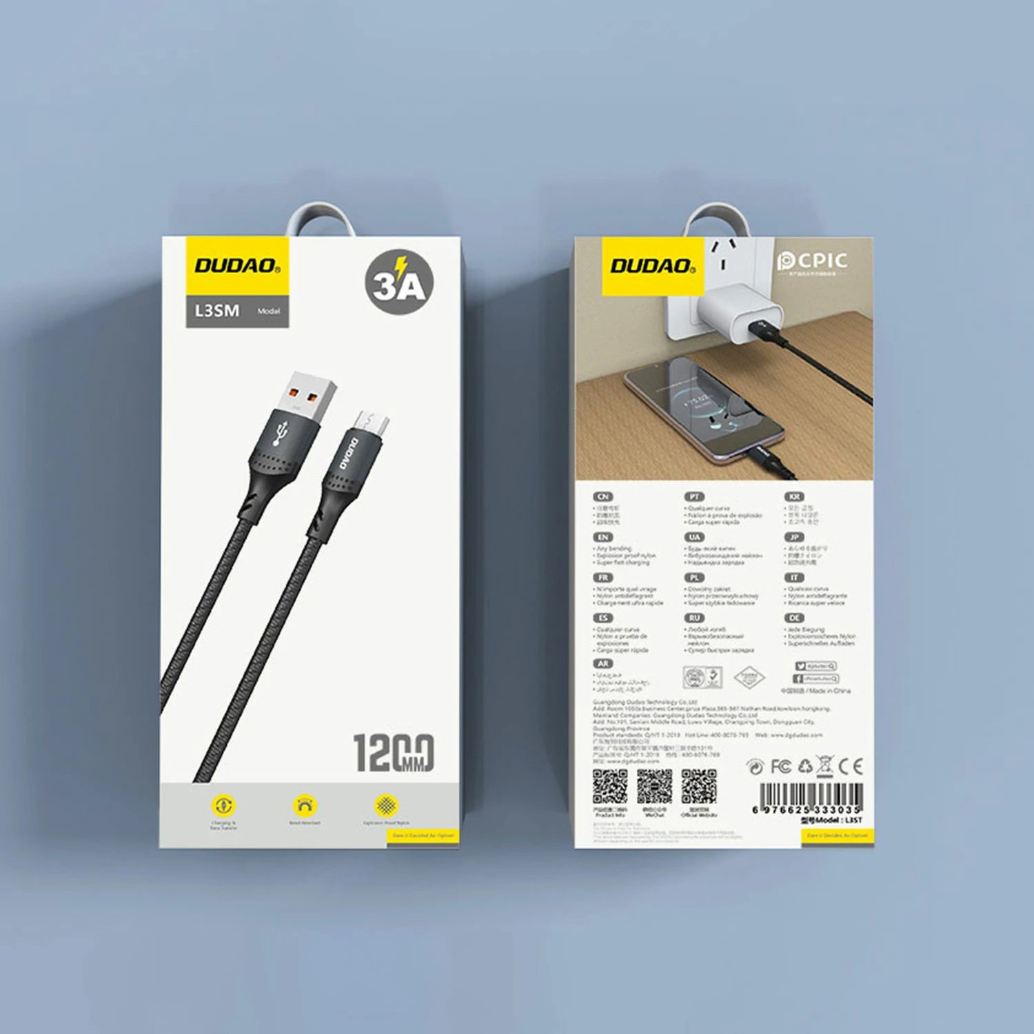 Kabllo Dudao L3SM USB-A në MicroUSB, 1.2m, 3A, e zezë