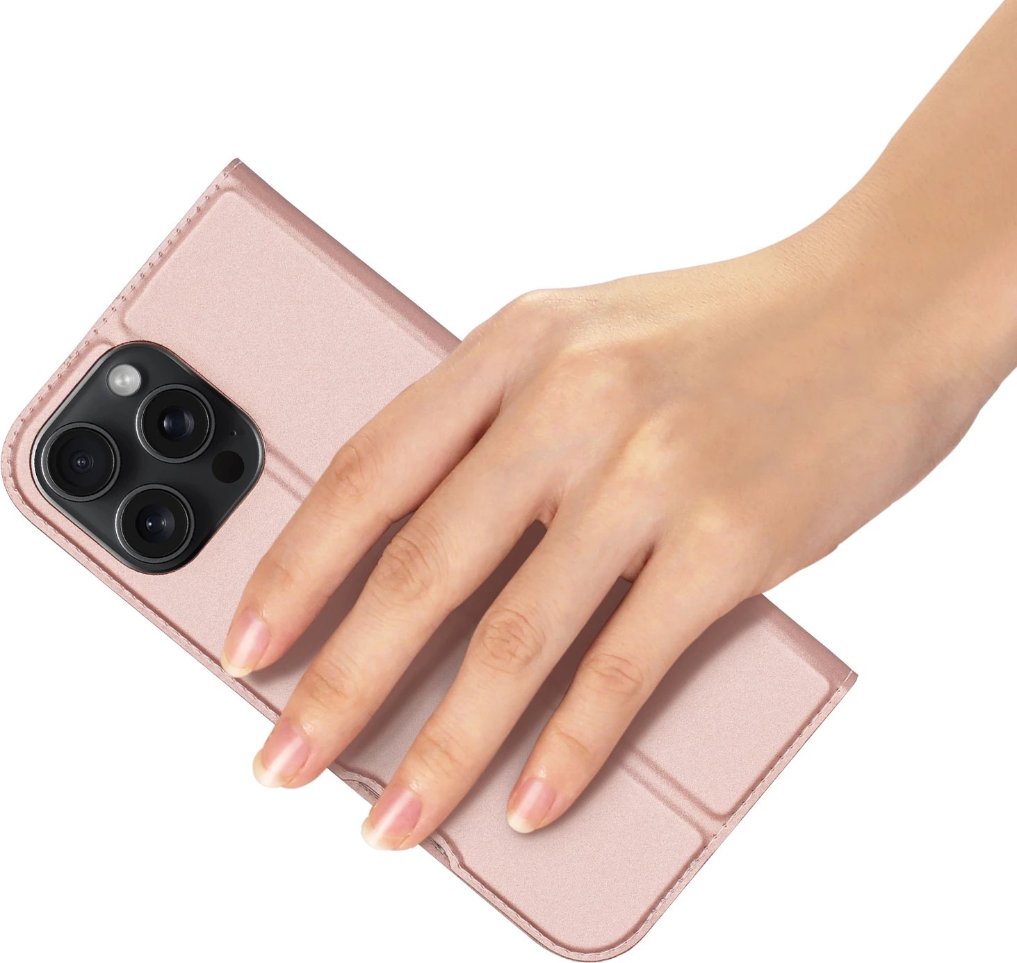 Mbështjellës Dux Ducis Skin Pro për iPhone 16 Pro, me kapak, xhep për karta, rozë