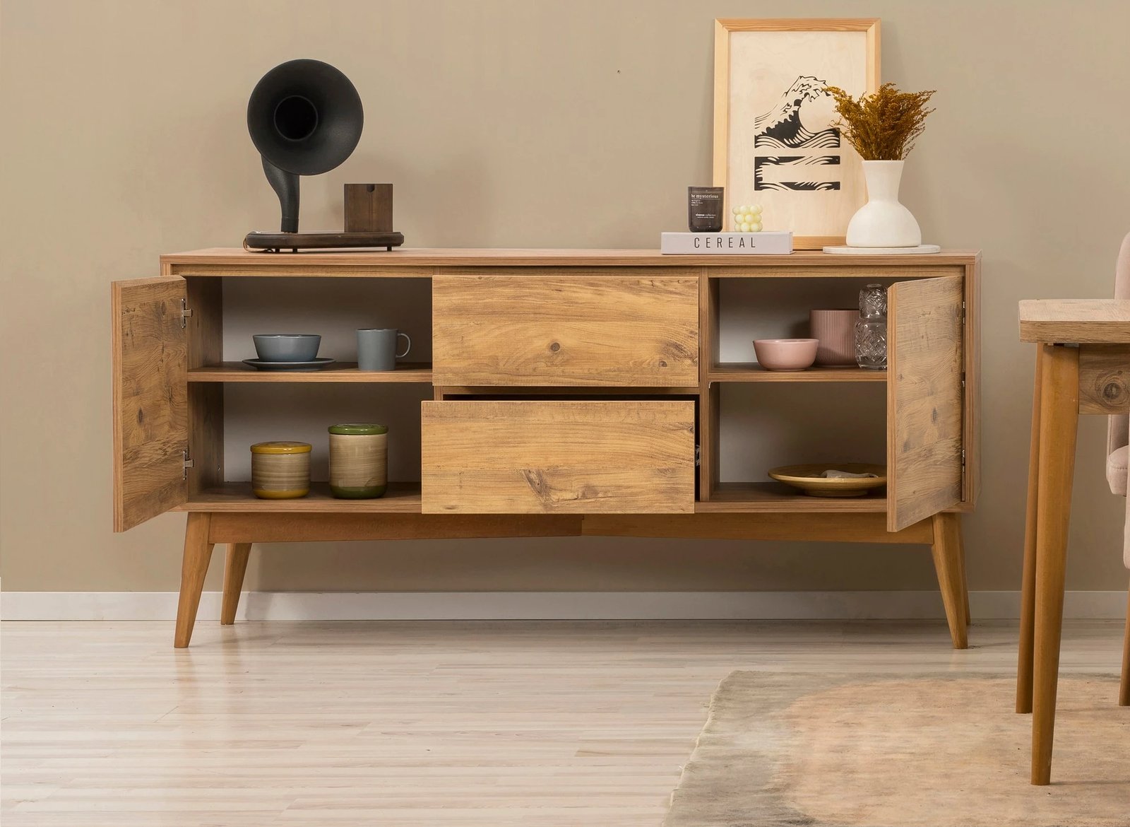 Set tavoline me karrige dhe konsol, zgjatues, 6 pjesë, Skye Decor, Vina 01 0900, ngjyrë Atlantic Pine, Stone