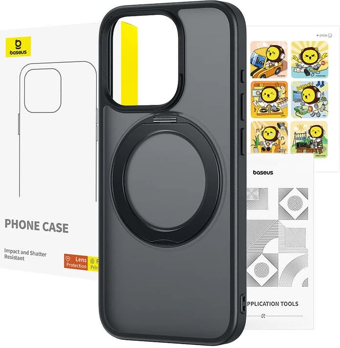 Mbështjellës Baseus SkyRing Magnetic për iPhone 14 Pro Max, me mbajtëse, xham të temperuar dhe set pastrimi, zi