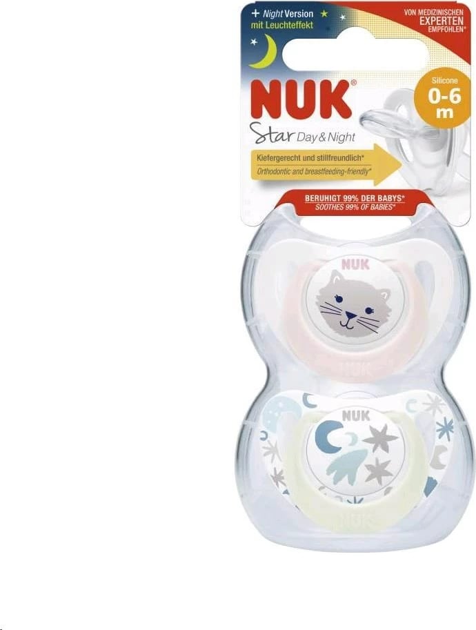 Qetësues bebe, NUK, Star Day and Night, 0-6 muaj, për vajza, rozë, set 2 copë me kuti