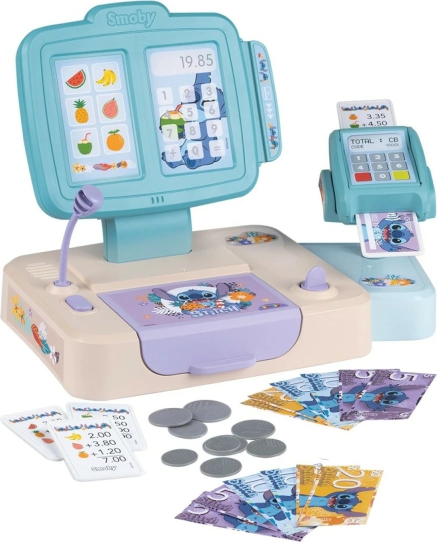 Kasë lodër Smoby Stitch me lexues kartelash, shumëngjyrëshe, set aksesorësh