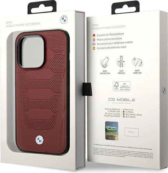 Mbështjellës BMW BMHMP14L22RPSR për iPhone 14 Pro 6.1", Leather Seats Pattern, MagSafe, Kuq e errët