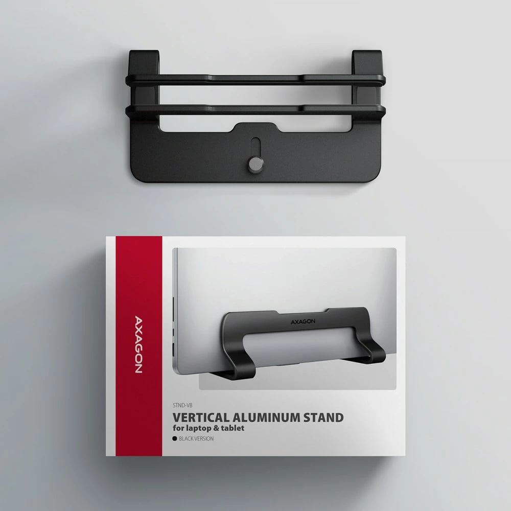 Mbajtëse vertikale laptop/tablet, AXAGON STND-VB, alumin, për 10-17.3", gjerësi e rregullueshme 9.5-25.5 mm, e zezë
