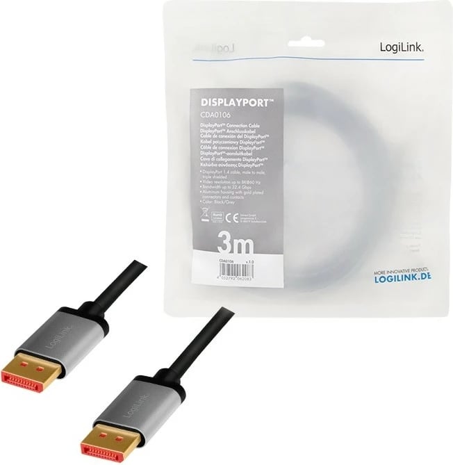 Kabllo DisplayPort LogiLink CDA0106, 3m, 8K/60Hz, E zezë/Gri