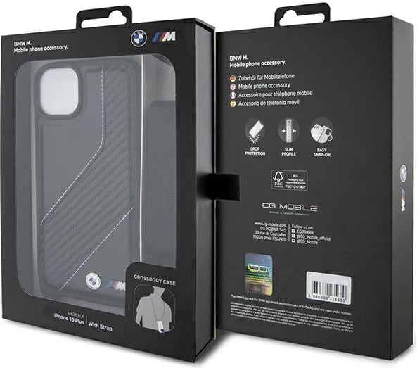 Mbështjellës BMW M Edition Carbon Stripe & Strap për iPhone 15 Plus / 14 Plus, i zi