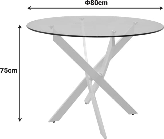 Tavolinë Antoro, xham i tejdukshëm, këmbë metalike të bardha, D80x75cm