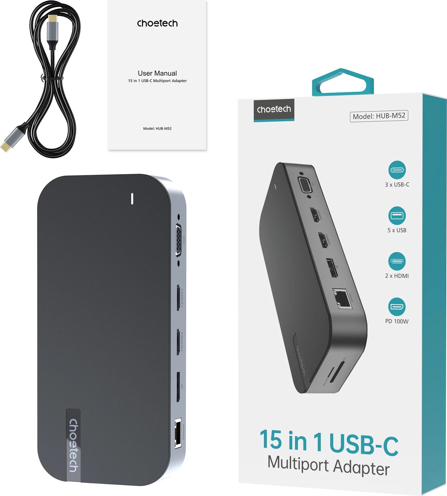Kasë Choetech HUB-M52, USB-C, HDMI, VGA, DP, SD, RJ45, Gri