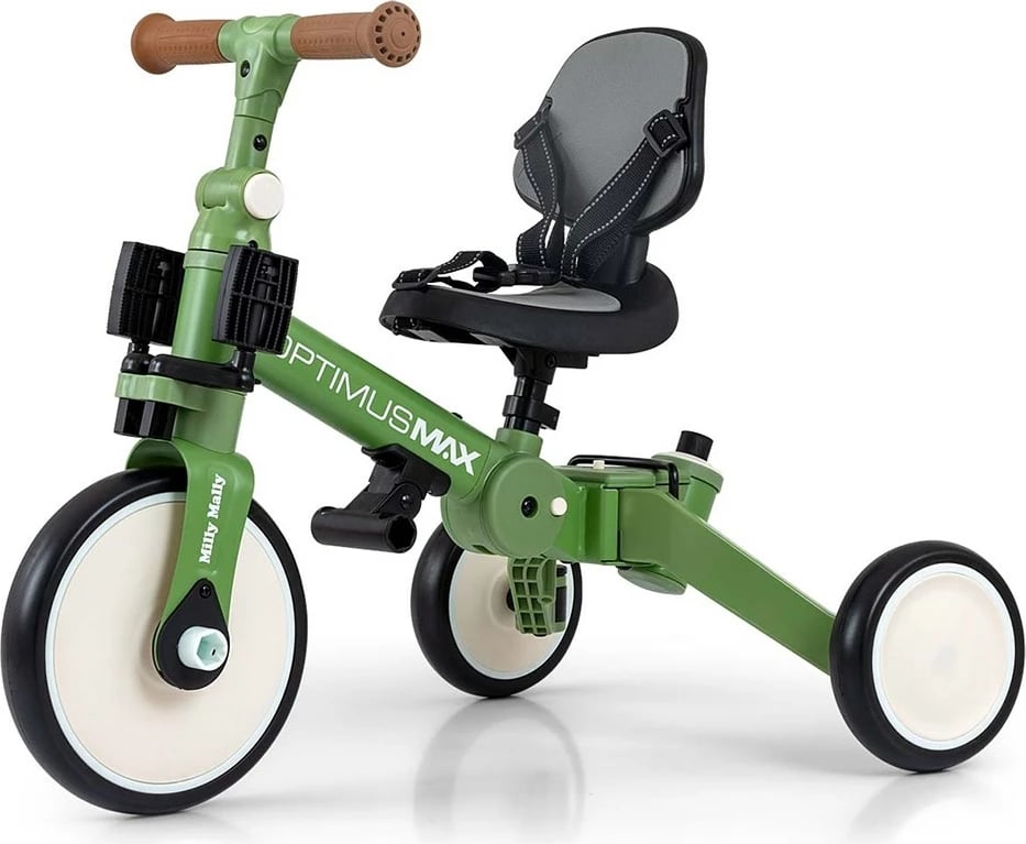 Tricikël & biçikletë balancuese 5‑në‑1 me dorezë prindi, Milly Mally Optimus Max, rrota shkumë, kornizë çeliku, 12M+, e gjelbër