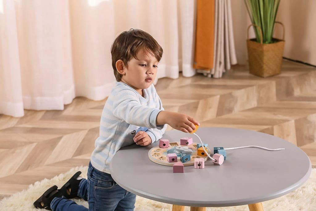 lojë puzzle orë druri, Viga PolarB, 12 blloqe gjeometrike, akrepa lëvizës, me spango, shumëngjyrëshe