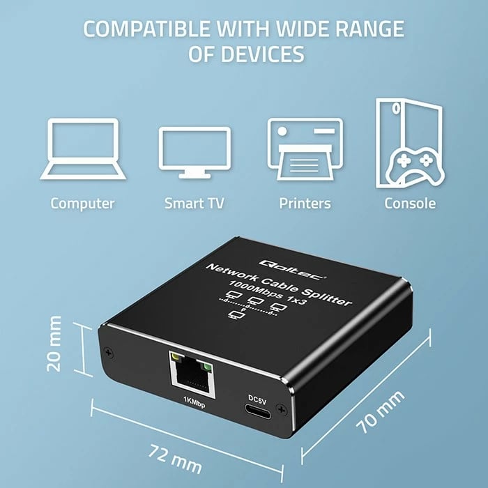 Switch i vogël Qoltec 52294, 3 porta RJ45, 1Gb/s, alumini, USB-C