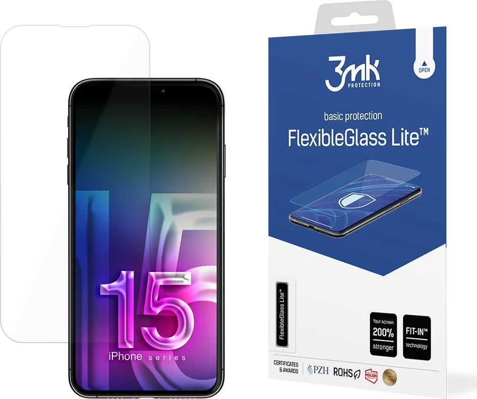 Mbështjellës xhami hibrid 3mk FlexibleGlass Lite për iPhone 15, ultra i hollë, transparent