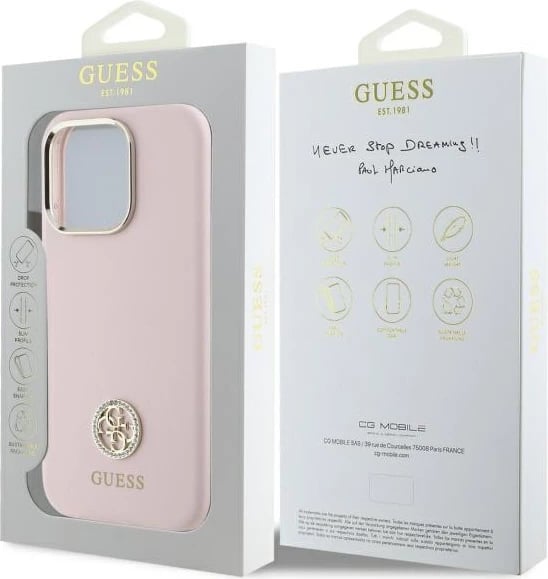 Mbështjellës Guess Silicone Logo Strass 4G për iPhone 16 Pro Max, rozë e çelët
