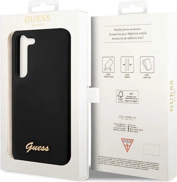 Mbështjellës Guess GUHCS23MSLSMK për Samsung Galaxy S23+ S916, silikon, i zi, Vintage Gold Logo