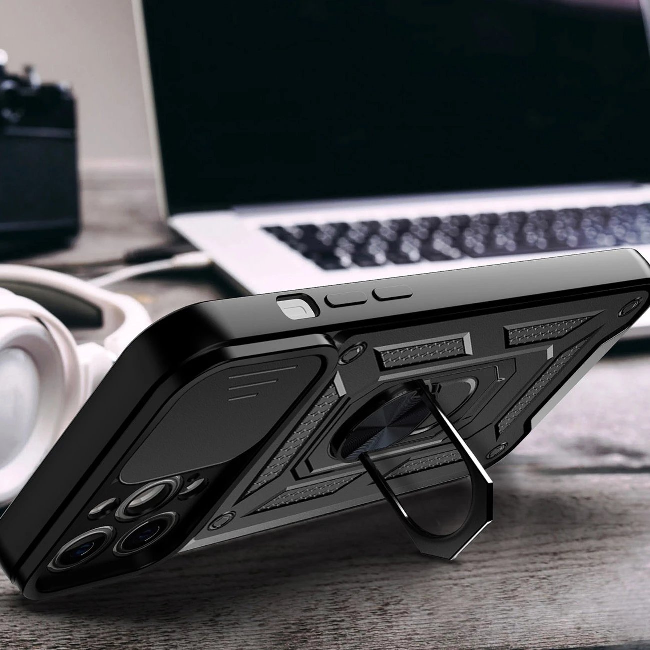 Mbështjellës Hurtel Hybrid Armor Camshield për iPhone 14 Pro Max, me kapak kamere, me unazë, Blu