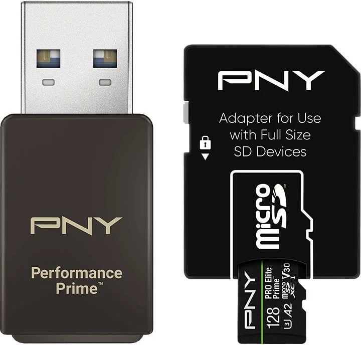 Kartelë memorie microSDXC PNY Elite Prime 128GB me adapter SD dhe lexues USB-A