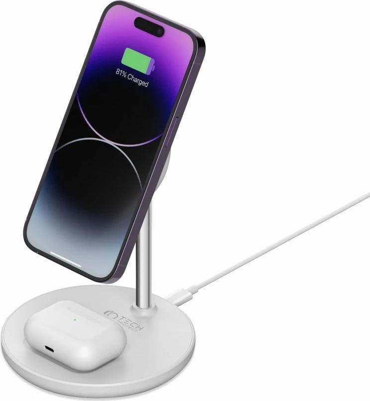 Karikues induktiv 2-në-1 Tech-Protect QI15W-A21 me MagSafe, 15W, për smartphone dhe kufje, Bardhë