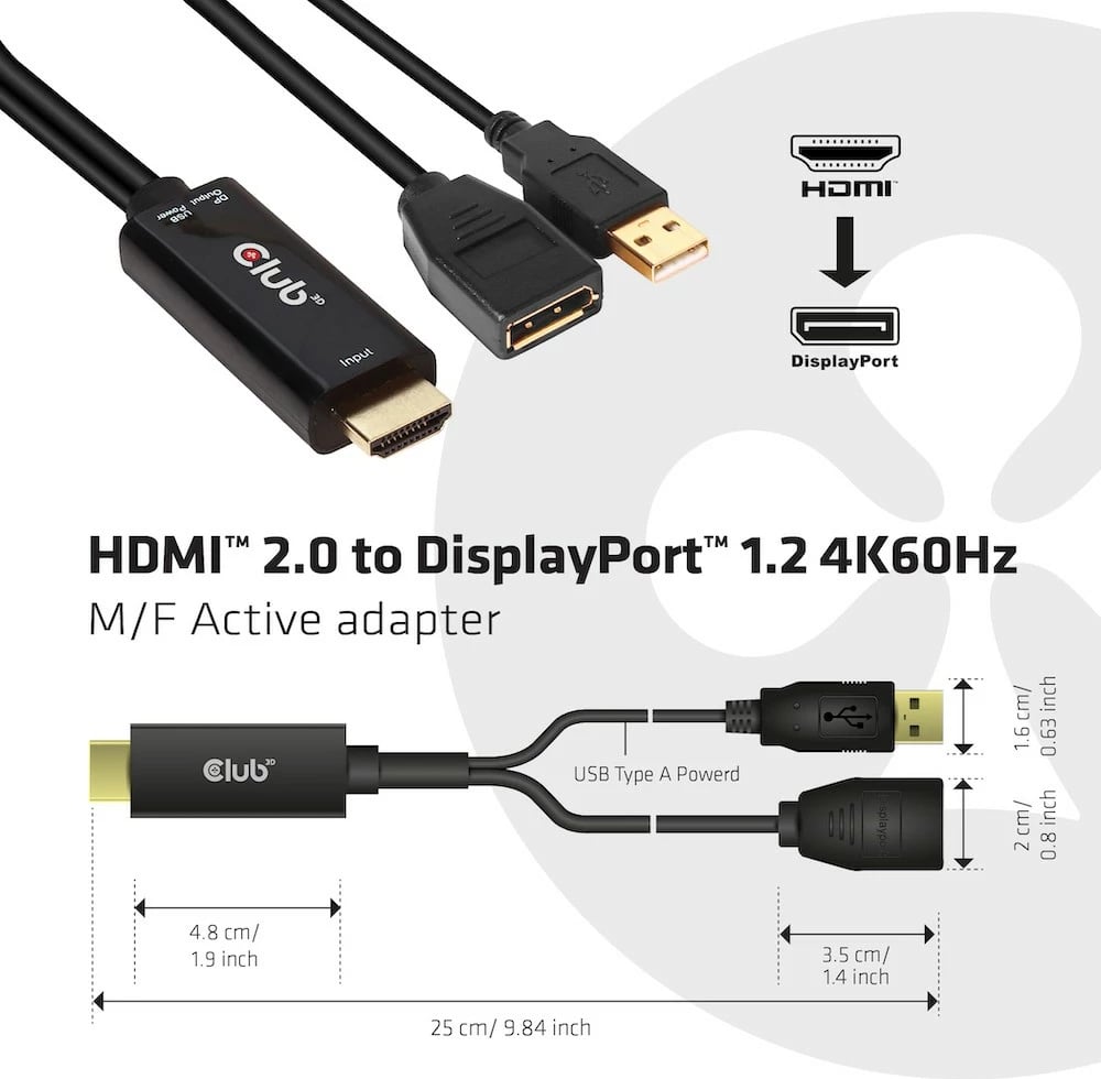 Adapter HDMI në DisplayPort Club3D, 4K 60Hz, 0.25m, i zi