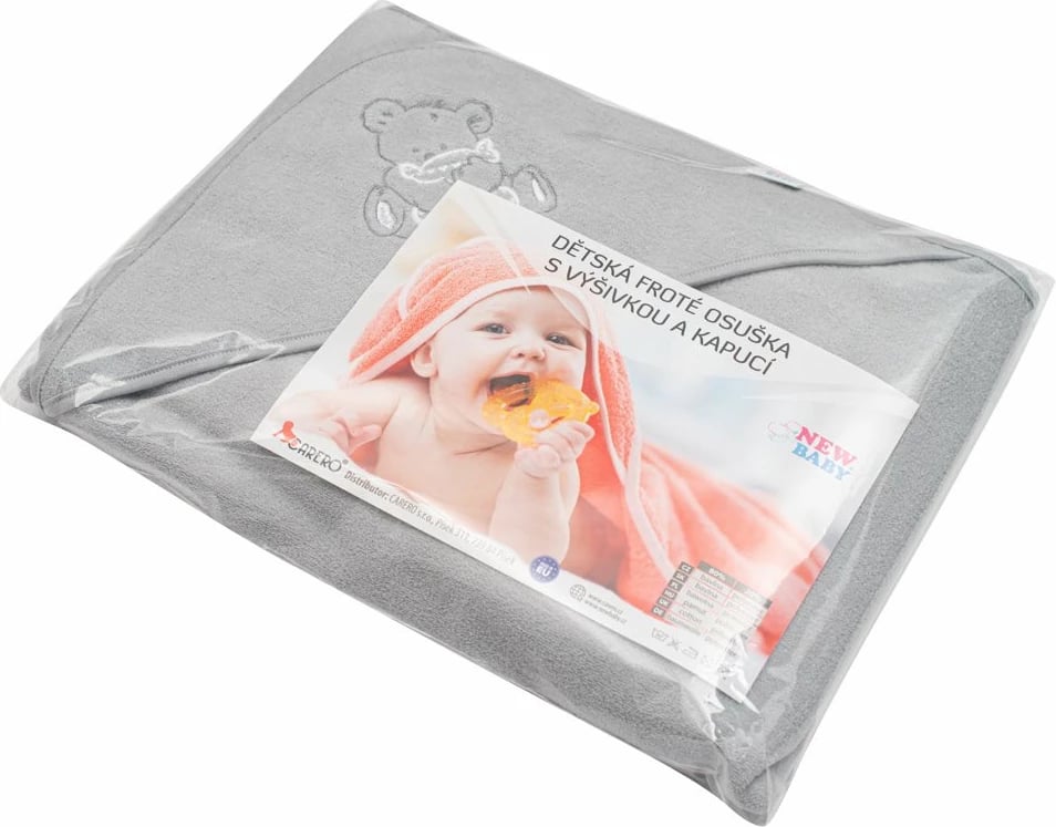 Peshqir bebe me kapuç New Baby 100x100 cm me qëndisje arushë gri