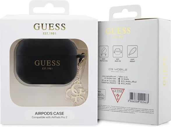 Mbështjellës Guess GUAP2LECG4K për AirPods Pro 2, silikon, i zi, me varëse dekorative