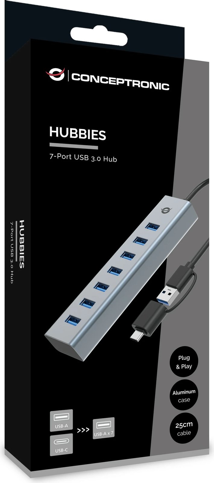 USB hub Conceptronic 7 porta, USB 3.0/USB-C, gri