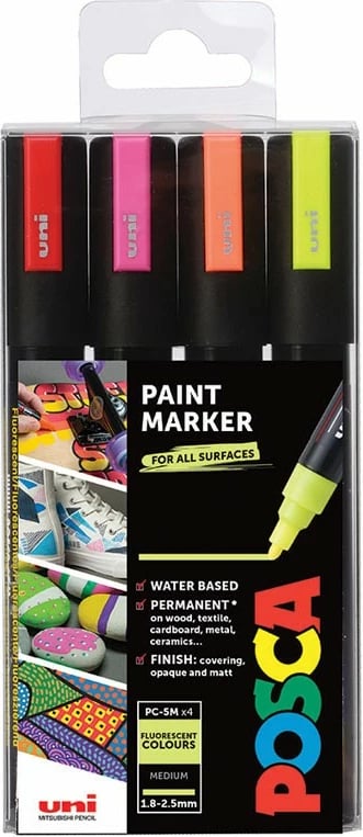 Set markera Posca PC-5M, 4 ngjyra fluoreshente, majë mesatare, ujë-bazë, multikolor