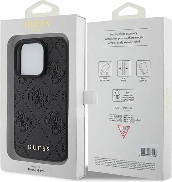 Mbështjellës Guess Leather 4G Stamped për iPhone 15 Pro Max, i zi