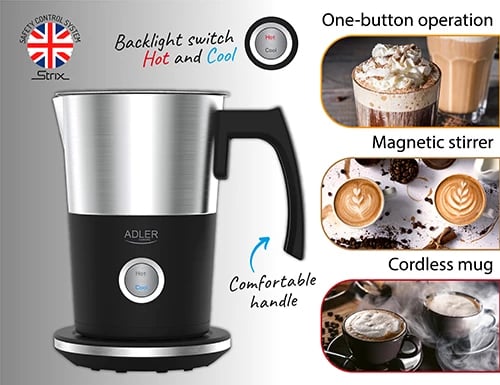 Shkumues qumështi, Adler, AD 4497, 300 ml/120 ml, 500-600W, bazë 360°, gotë pa kabllo, e zezë me Inox