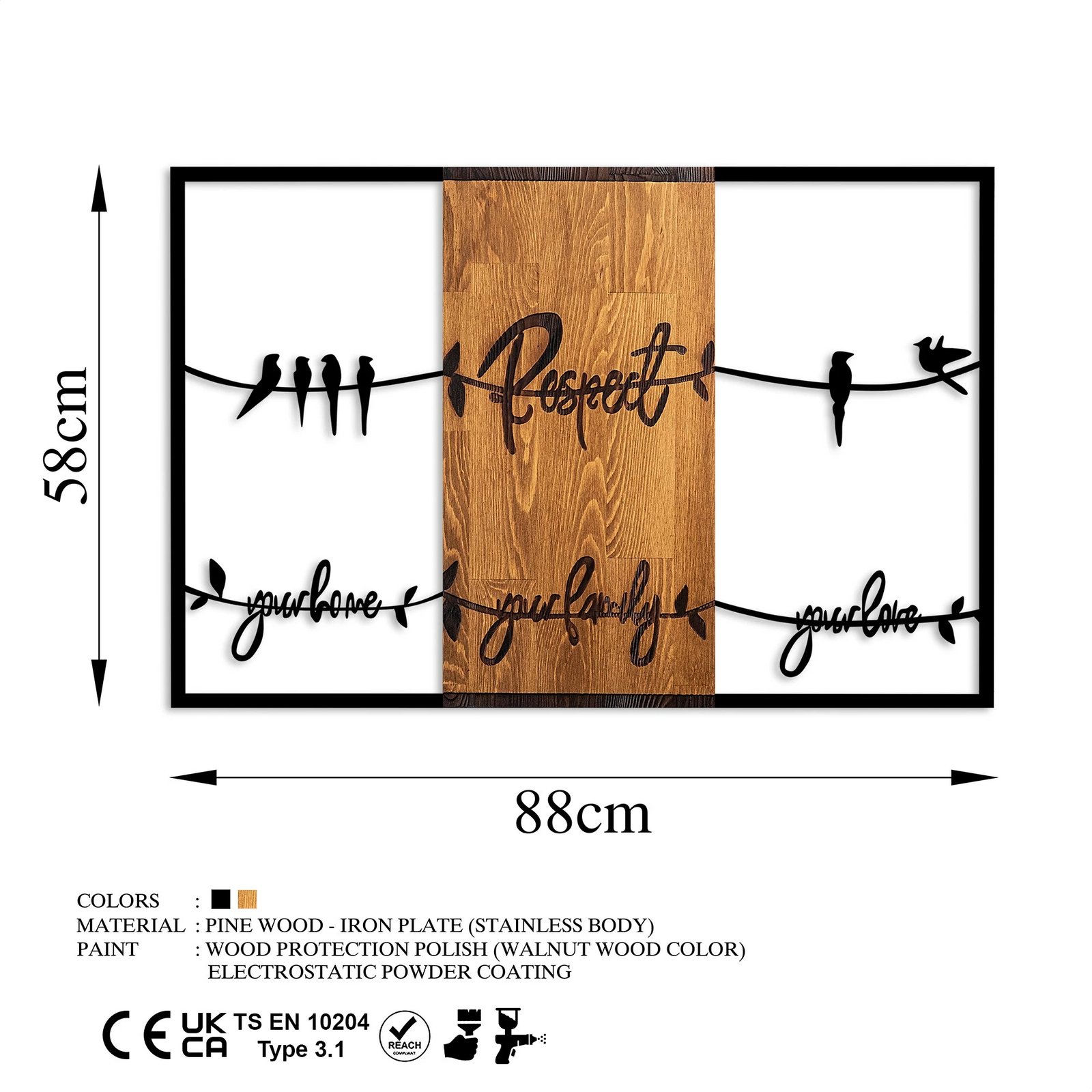Aksesor dekorativ prej druri për mur, ngjyrë arre dhe e zezë, 88x57cm, Respect your home your family your love