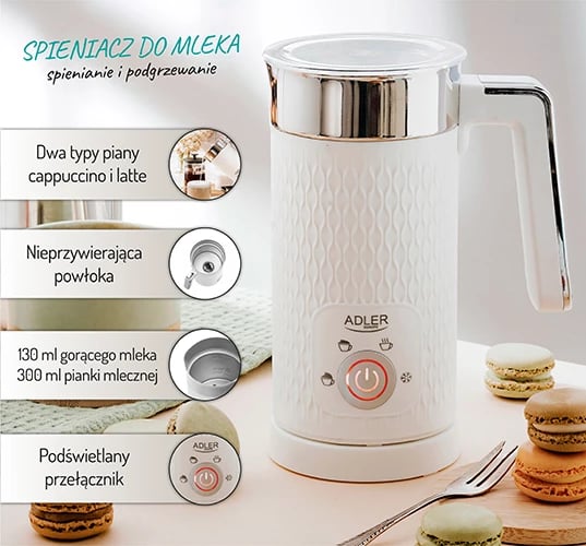 Shkumues qumështi Adler AD 4494 500W 300 ml 4 funksione ngrohje dhe shkumëzim, i bardhë