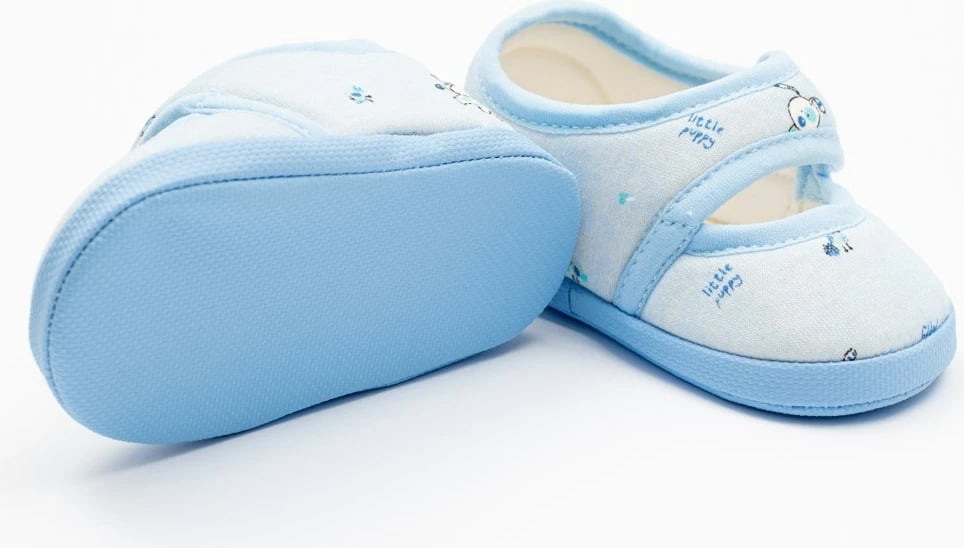 Papuçe bebe, NEW BABY, 0-3 m, pambuk 100%, shollë PVC pa BPA 10 cm, mbyllje me velcro, blu