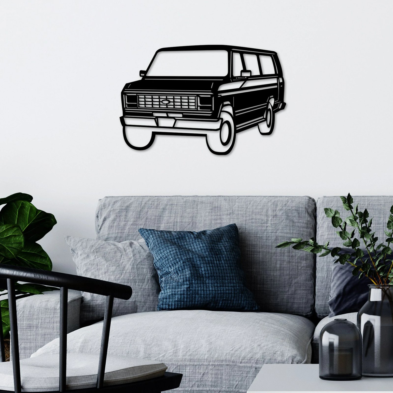 Aksesor dekorativ metalik për mur, Wallity, FORD Club Wagon old van, ngjyrë e zezë, 60x40cm