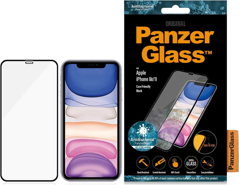 Mbrojtëse xhami PanzerGlass për iPhone 11/XR, edge-to-edge, antibakteriale, black