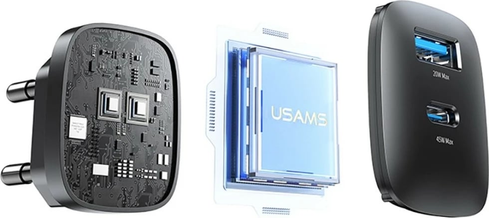 Karikues muri GaN 45W, USAMS CC290 T66 (USA001666), 1x USB-C + 1x USB-A, PD/QC, i zi