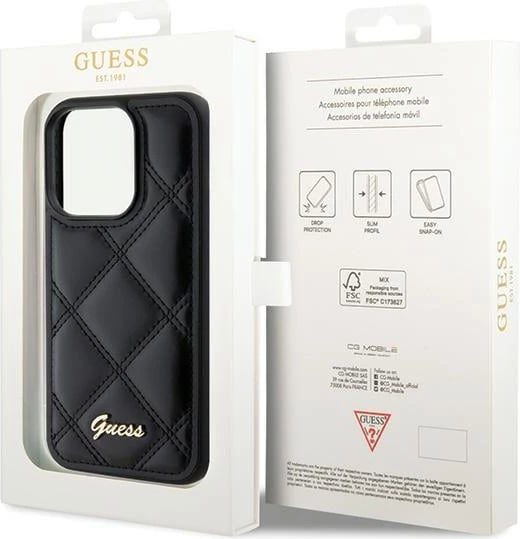 Mbështjellës Guess Quilted Metal Logo për iPhone 15 Pro Max, i zi