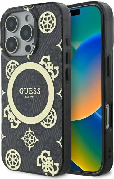 Mbështjellës Guess IML Peony On 4G Background MagSafe për iPhone 16 Pro Max, Zi