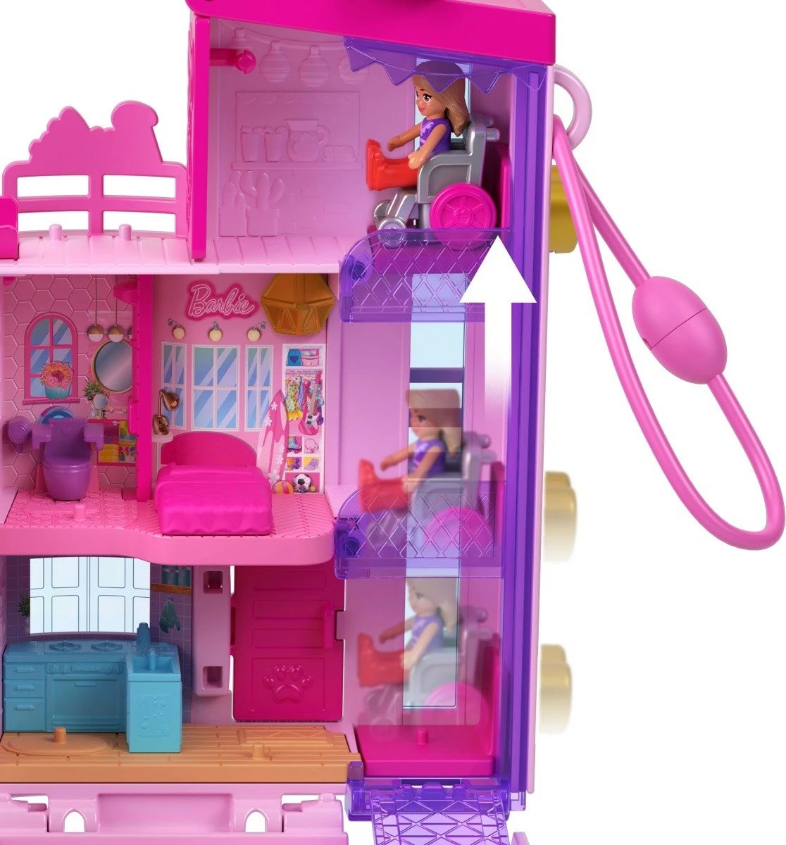 Set lodrash Polly Pocket Barbie Dreamhouse Mattel HWP11 me 3 mikrolodra dhe 11 aksesorë, rozë