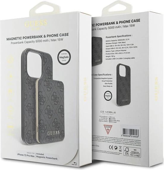 Mbështjellës Guess 4G Metal Logo me powerbank MagSafe 5000mAh për iPhone 13 Pro Max, Zi, Set