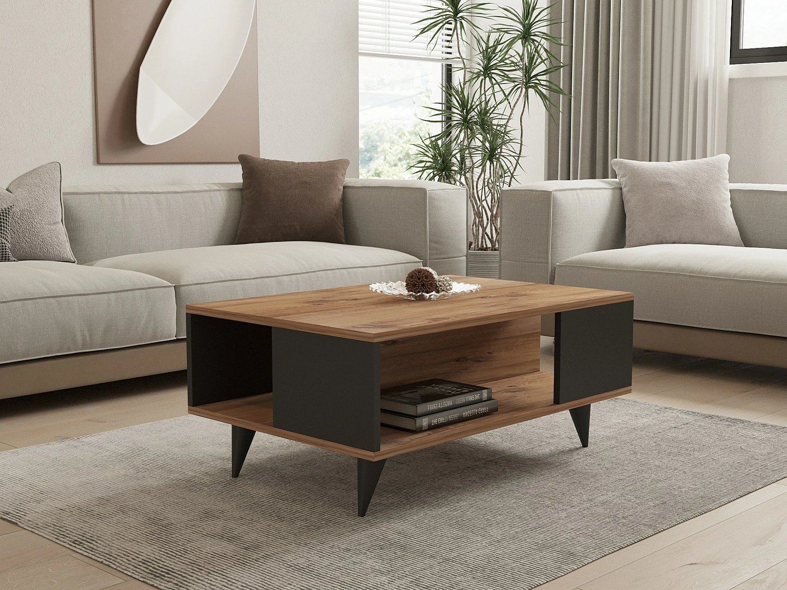 Tavolinë kafeje dy kate, ngjyrë arrë dhe e zezë, Hanah Home Yuka